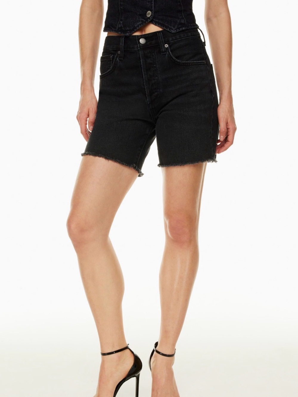 Denim Forum Yoko Mid Thigh Black High-Rise Frayed Hem Jean Shorts